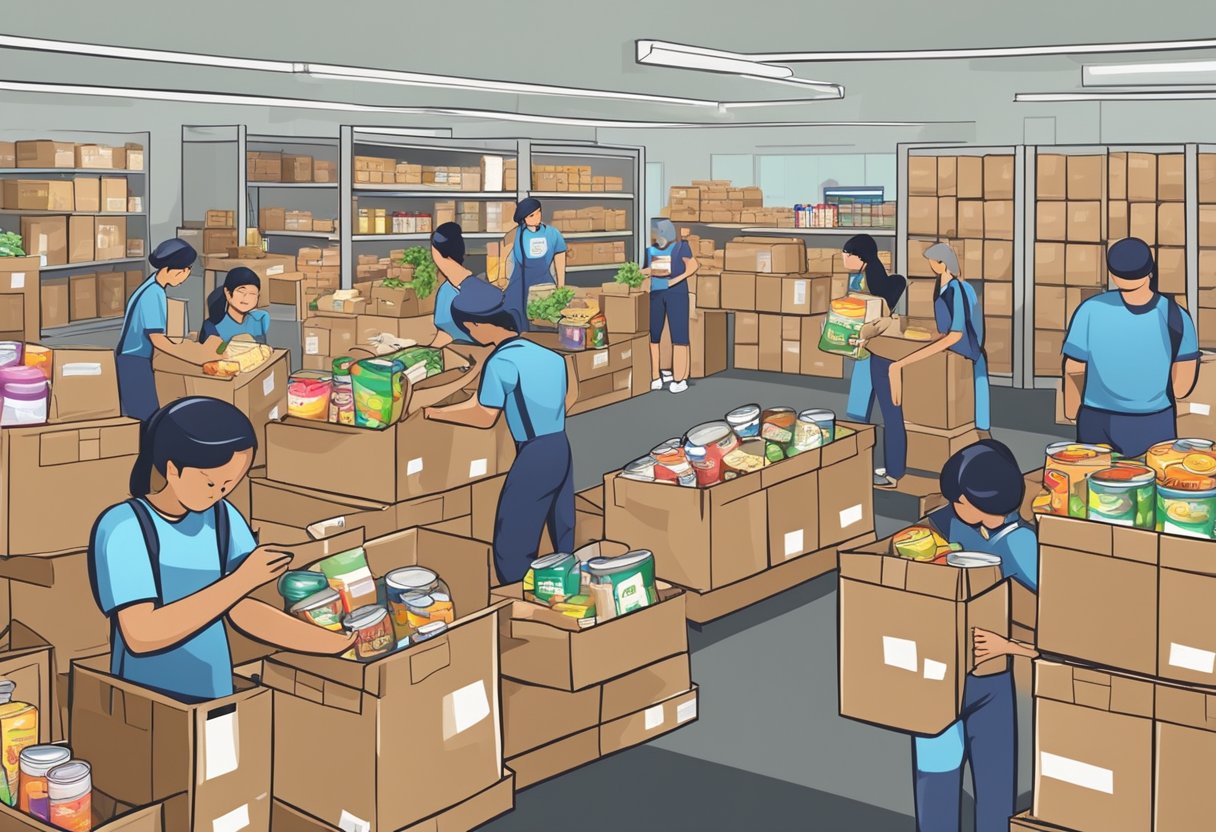 People donating non-perishable food items at a food bank in Singapore. Boxes and shelves filled with various food items. Volunteers organizing and distributing the donations