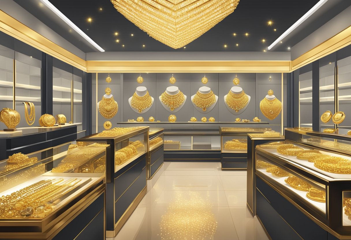 A display of gleaming gold jewelry in a Singaporean store, with various pieces arranged neatly and sparkling under the bright lights