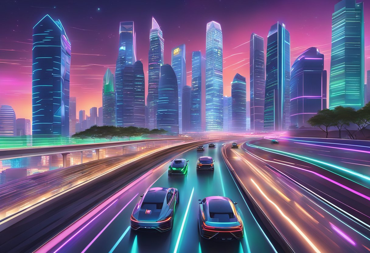 The bustling city of Singapore is depicted with futuristic skyscrapers and neon lights, with sleek hyperdrive vehicles zooming through the streets