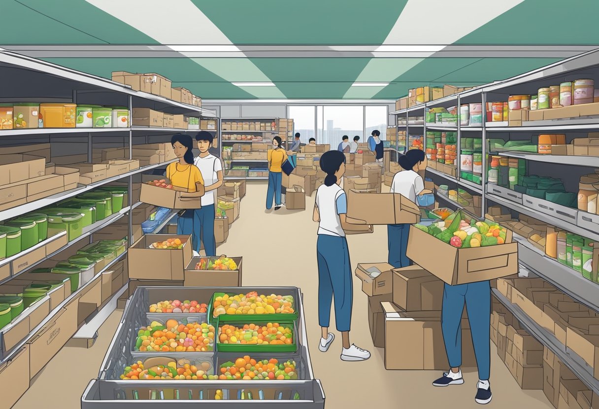 A bustling food bank in Singapore, with volunteers sorting and packing donations. Shelves are stocked with canned goods and fresh produce