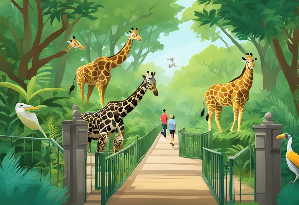 Visitors follow signs to enter Singapore Zoo, passing through lush greenery and encountering various animal exhibits along the way