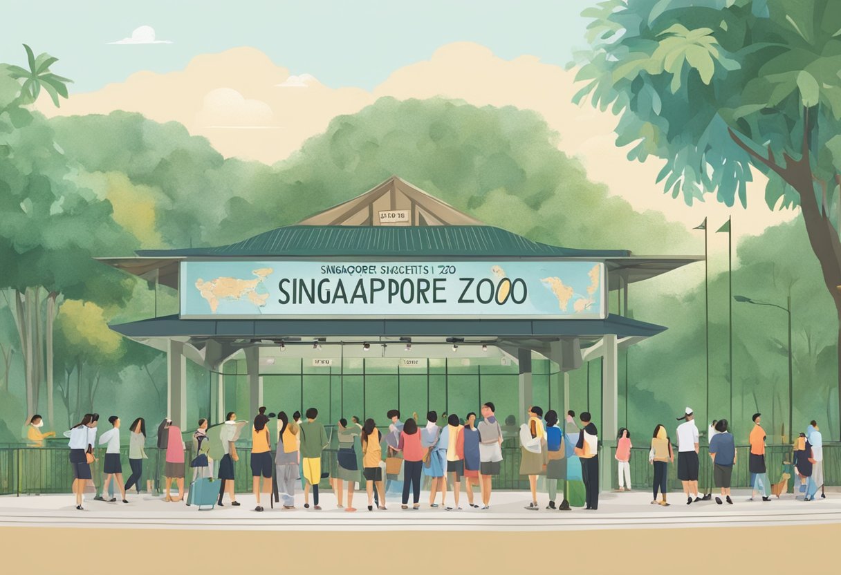 Visitors gather around a large sign with directions to the Singapore Zoo. A map and information kiosk are visible in the background