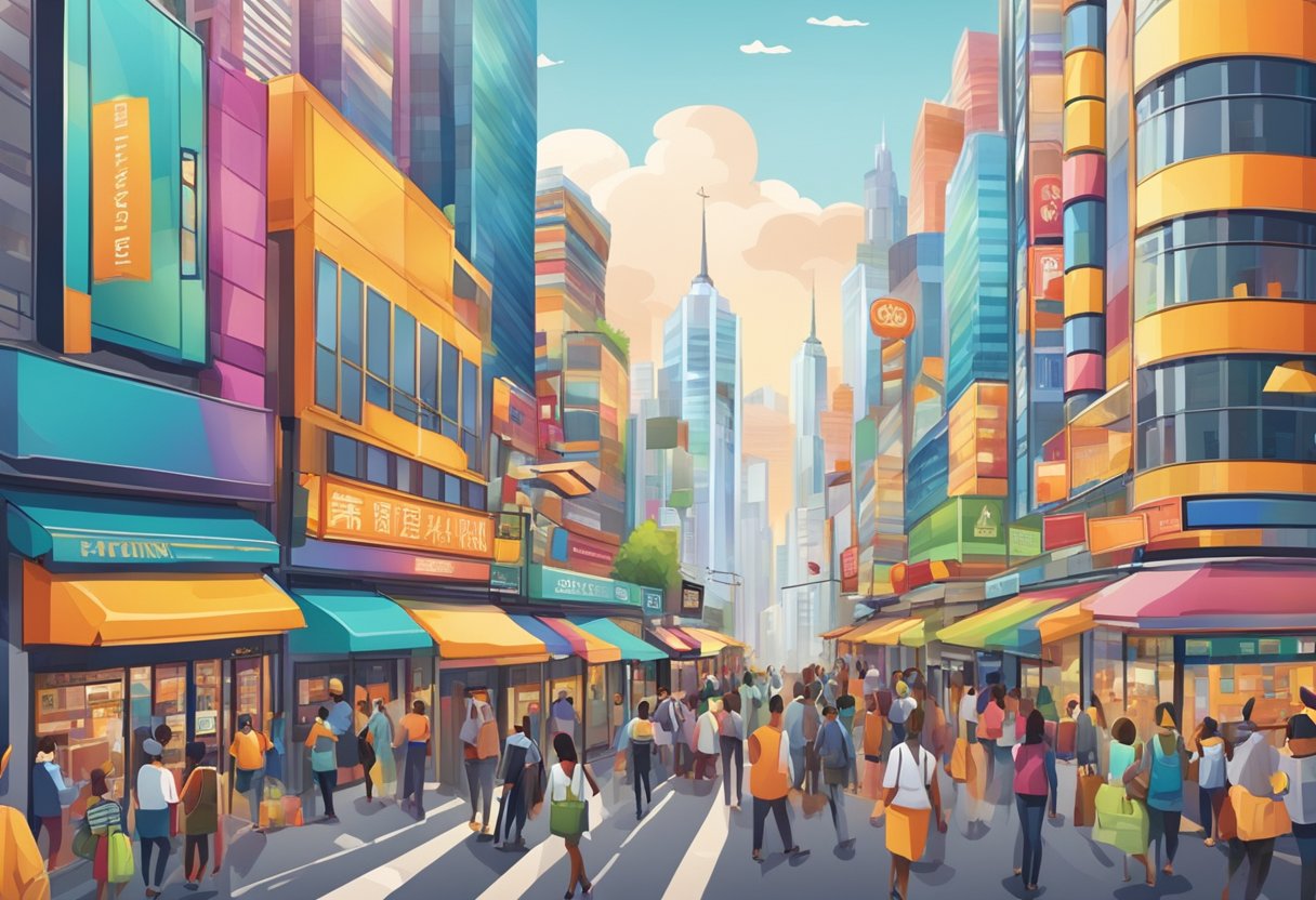 Busy street with colorful storefronts, bustling crowds, and towering skyscrapers in the background. Banners and signs in multiple languages