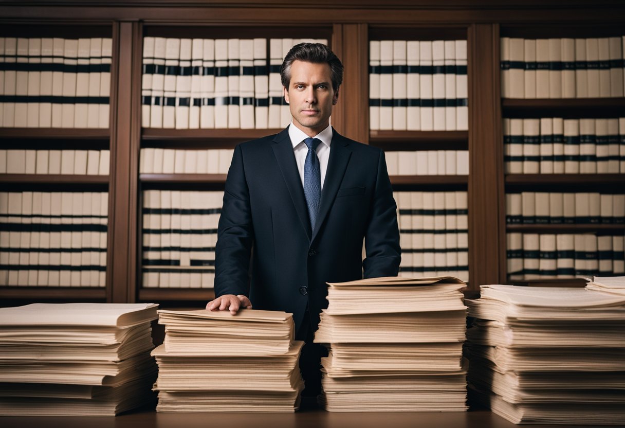 A lawyer standing confidently in a courtroom, surrounded by stacks of legal documents and a jury of serious-faced individuals
