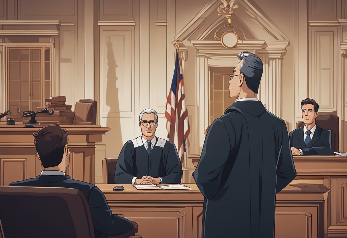A lawyer stands before a judge, presenting evidence of insurance bad faith. The judge looks on with a stern expression, while the lawyer gestures passionately