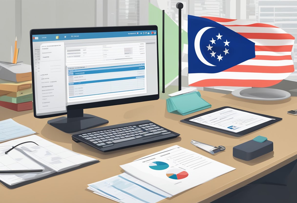 A desk with a computer displaying a digital immunization record, a stack of paper records, and a Singaporean flag in the background