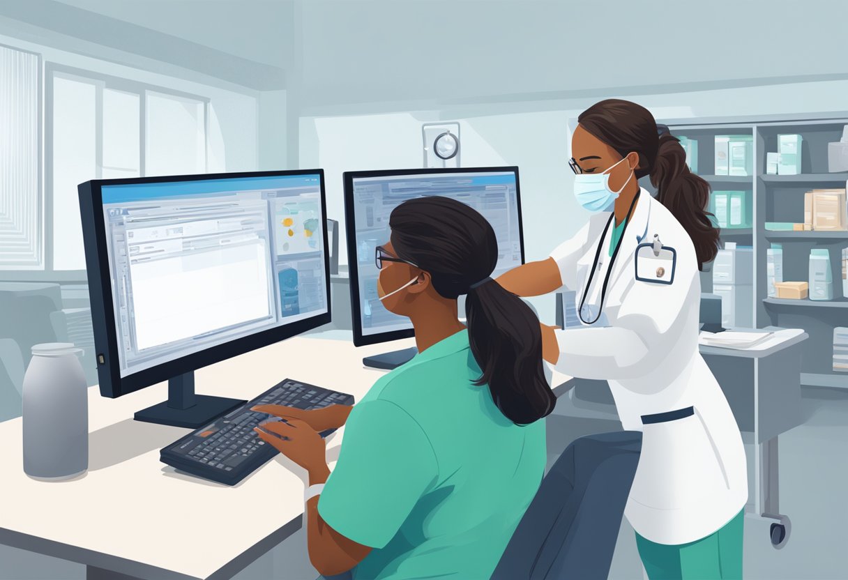 A nurse administers a vaccine while another records the details on a computer