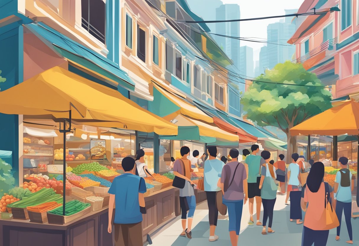 Shoppers explore bustling Singapore markets, surrounded by colorful stalls and vibrant storefronts
