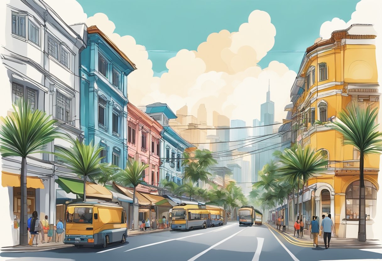 A bustling Singapore street with colorful shophouses, palm trees, and a mix of modern and traditional architecture
