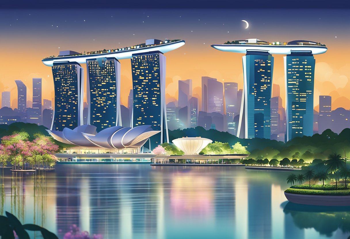 Singapore skyline at night with iconic landmarks lit up, Marina Bay Sands, Gardens by the Bay, and the Singapore Flyer, reflecting in the calm waters of Marina Bay