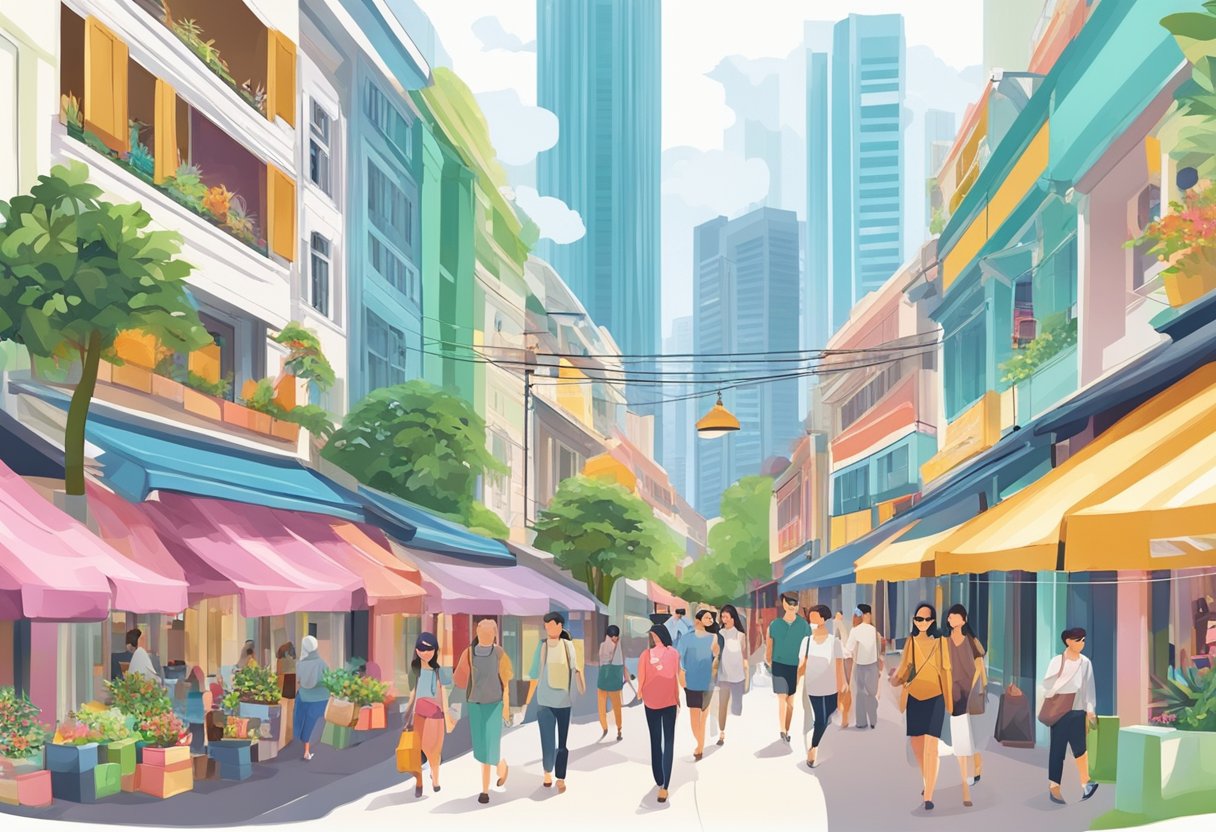 People strolling through vibrant shopping streets in Singapore, browsing shops and enjoying the leisurely lifestyle