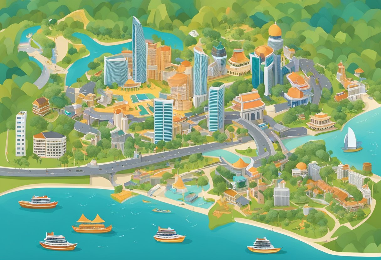 A colorful map of Singapore with landmarks and tourist attractions, surrounded by friendly staff and informative brochures