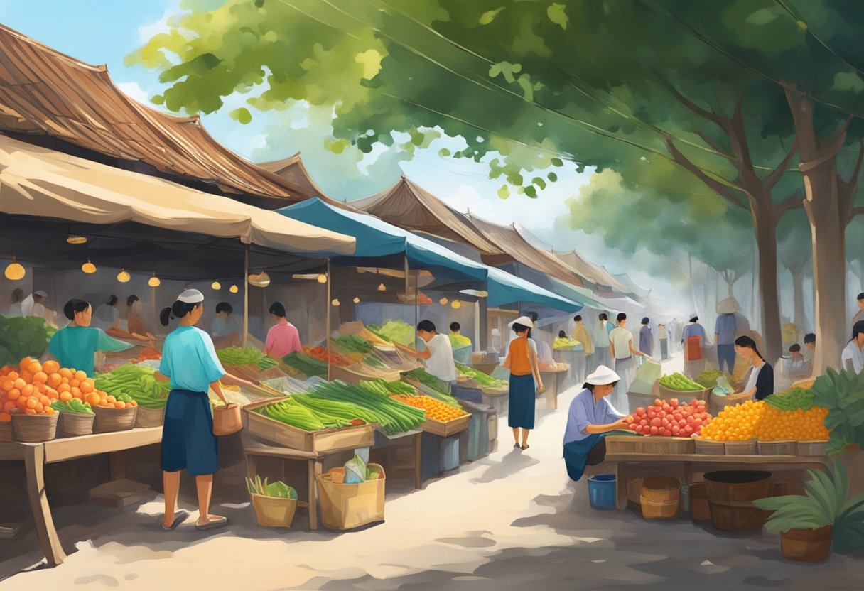 A bustling street market in Singapore transitions to a serene rural landscape as it approaches Hanoi. The contrast between the vibrant city and the tranquil countryside is evident in the changing scenery