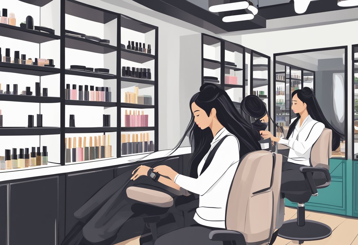 A woman sits in a salon chair as a stylist carefully attaches long, sleek hair extensions in Singapore. The salon is bright and modern, with shelves of hair products lining the walls