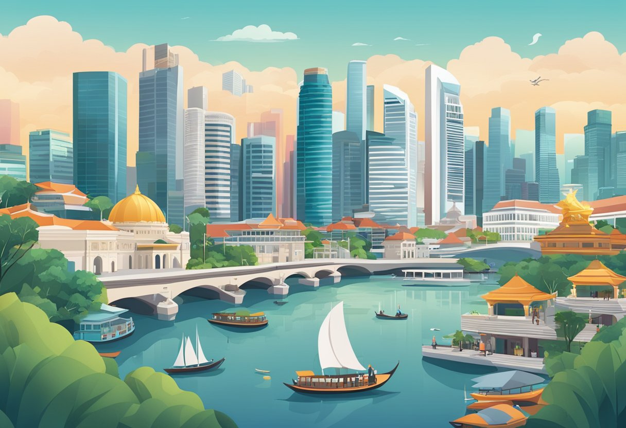 A bustling cityscape with iconic Singapore landmarks and a prominent "Frequently Asked Questions" sign