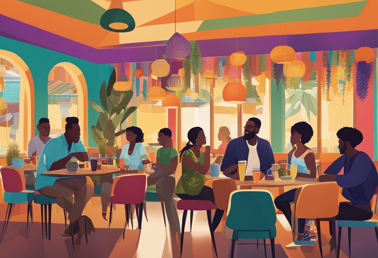 Customers enjoying food and drinks at Kafe Utu, surrounded by vibrant colors and African-inspired decor