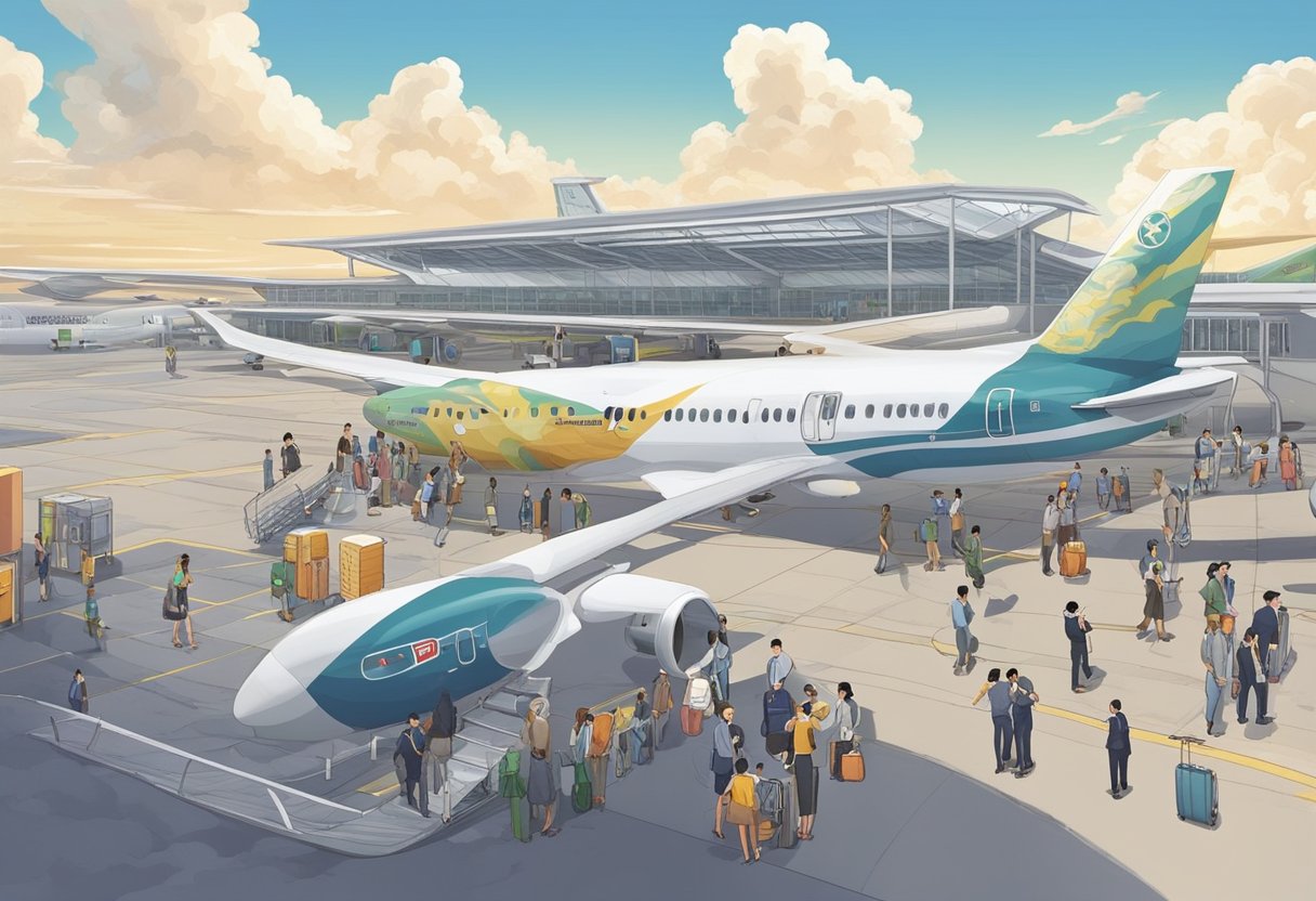 Passengers boarding a plane at Singapore airport. Inside, they settle into comfortable seats, while flight attendants serve drinks and snacks. The aircraft takes off, soaring above the clouds towards Hanoi