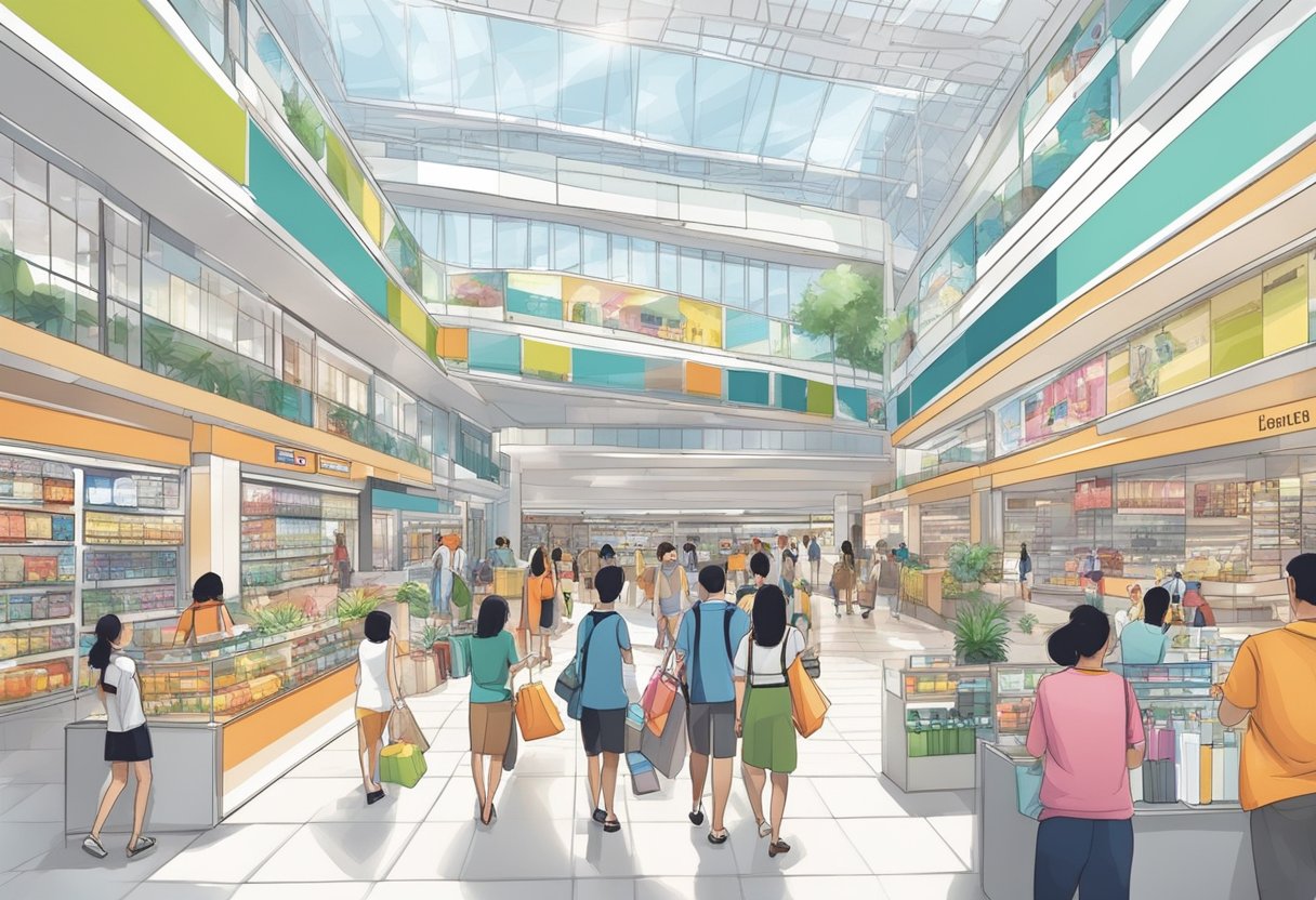 Customers browsing through a variety of products in a modern and bustling shopping mall in Singapore