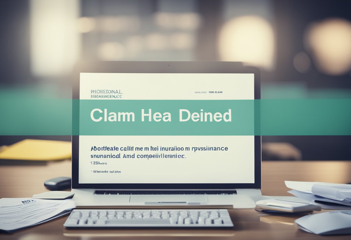 A stack of denied claim letters on a desk, a frustrated person on the phone with an insurance company, and a computer screen displaying "Claim Denied."