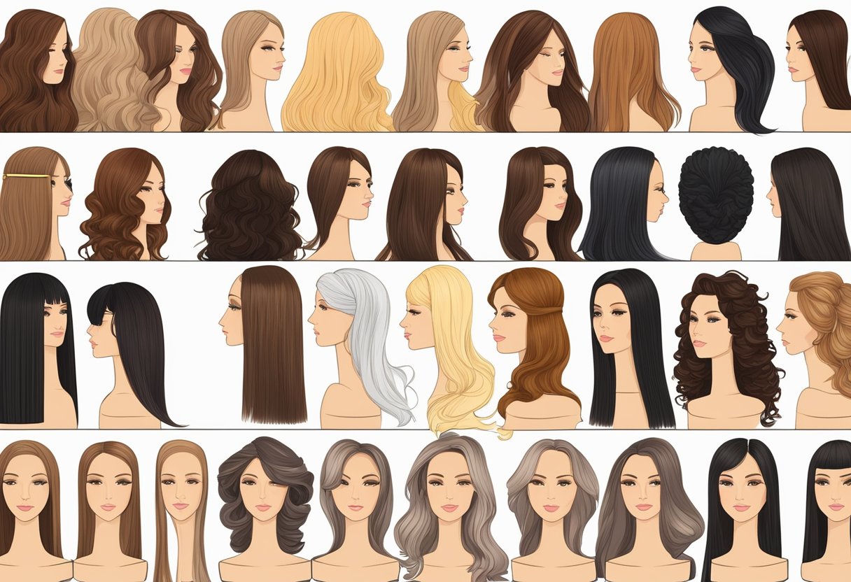 Various hair extension types and methods displayed on a salon counter. Mannequin heads showcase clip-in, tape-in, and fusion extensions