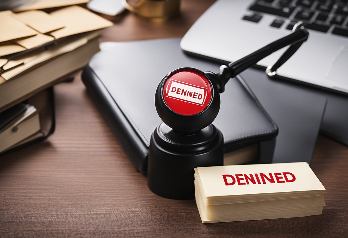 Denied claims stack up on a desk, while a red stamp with the word "DENIED" is prominently displayed