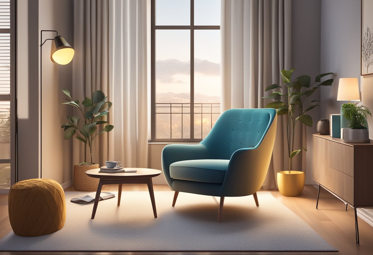 A cozy living room with a modern armchair, a soft throw blanket, and a side table with a warm lamp