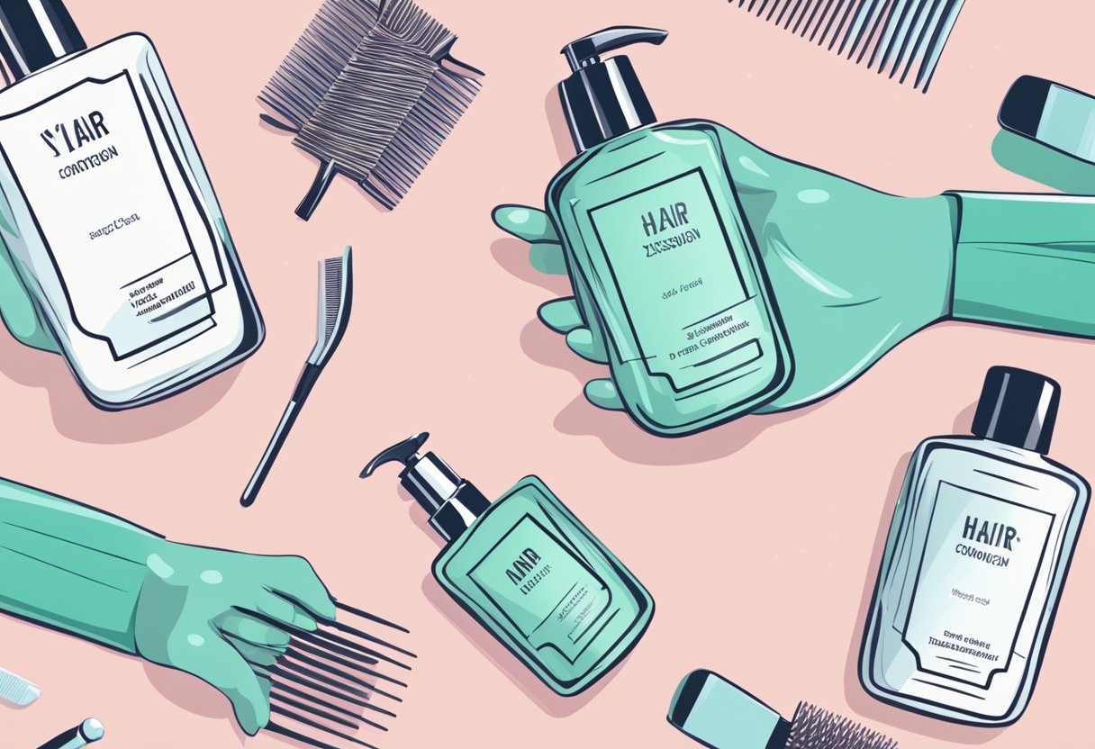 A hand holding a bottle of hair conditioner, a comb, and a pack of hair extensions on a clean, organized vanity table
