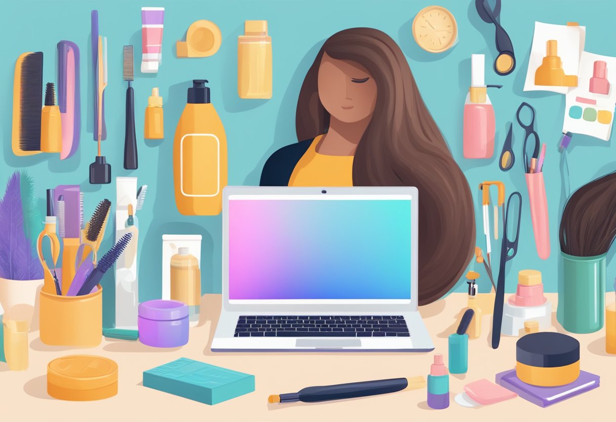 A woman browsing through a list of frequently asked questions about hair extensions on a laptop, surrounded by various hair care products and tools