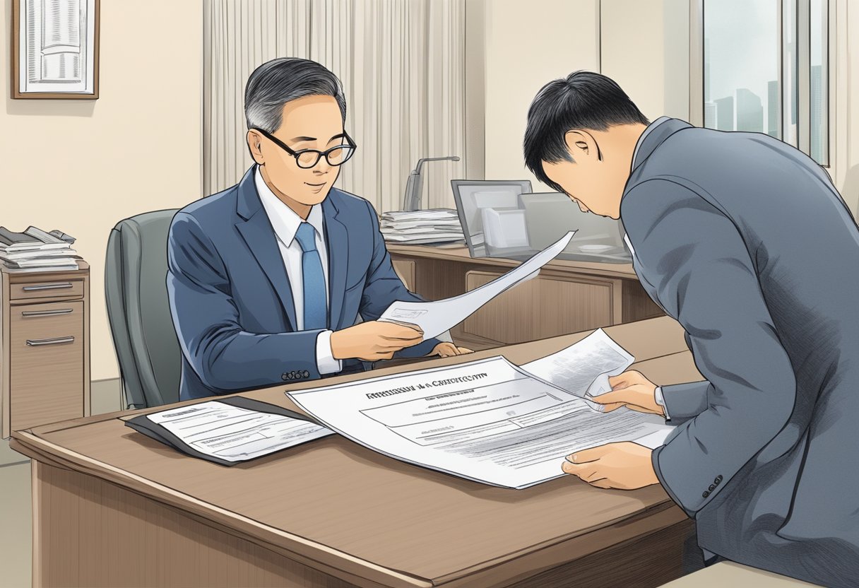 A birth certificate being issued by a government official at a desk in a government office in Singapore