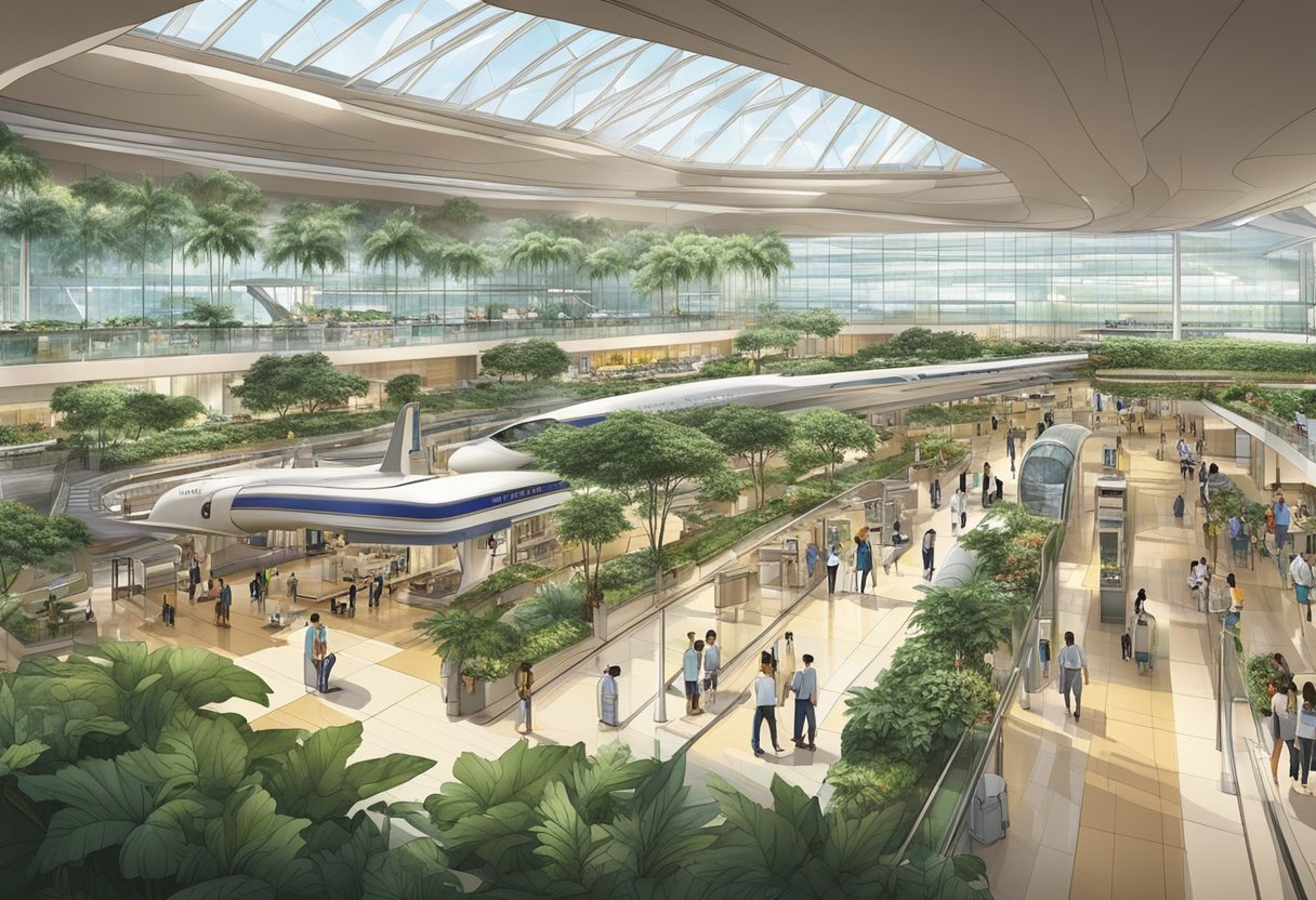 Singapore Airlines terminal at Changi: sleek, modern architecture with lush indoor gardens, bustling with travelers and staff