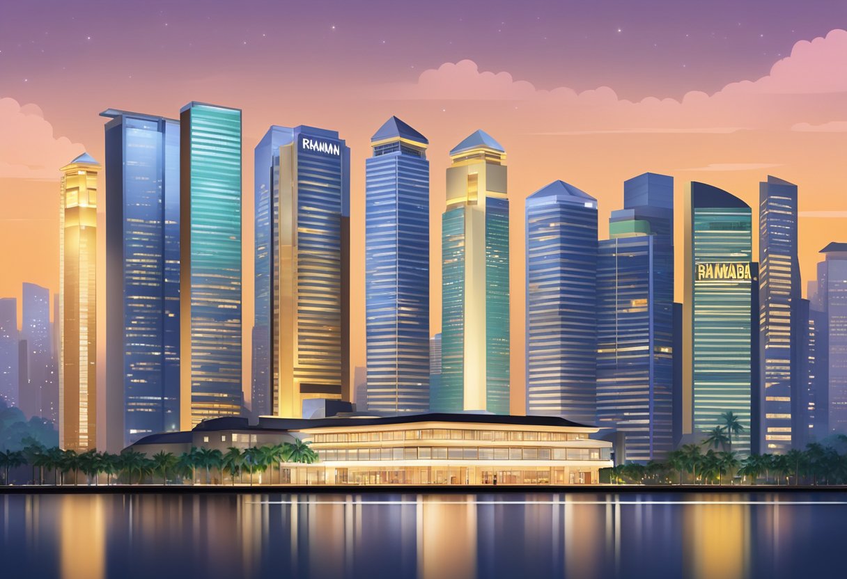 The Ramada Singapore hotel rises against a backdrop of modern skyscrapers, with its sleek design and glowing lights standing out in the bustling cityscape