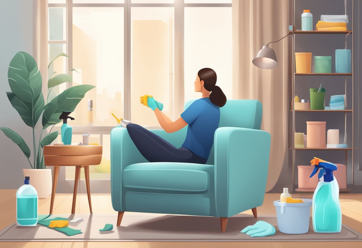 A person gently wipes and polishes a sleek, modern armchair in a well-lit room, surrounded by various cleaning supplies and tools