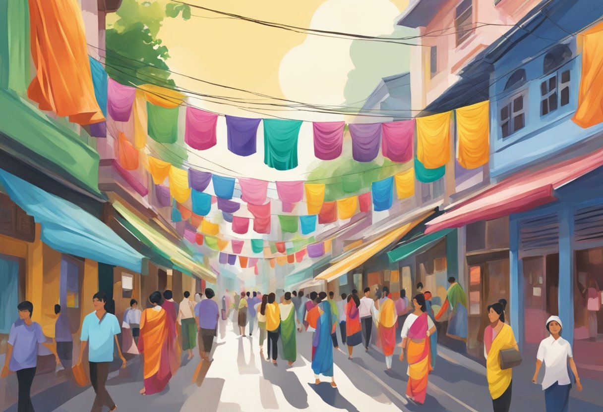 A bustling street in Singapore, adorned with colorful saris hanging from the storefronts, creating a vibrant and lively atmosphere