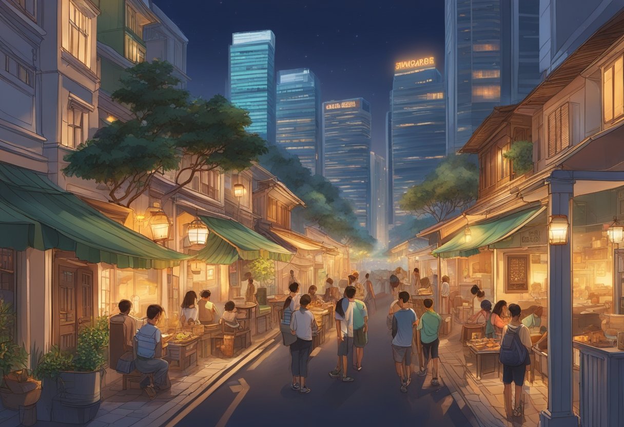 The bustling streets of Singapore are illuminated by the warm glow of kindling fires, casting a cozy and inviting atmosphere throughout the city