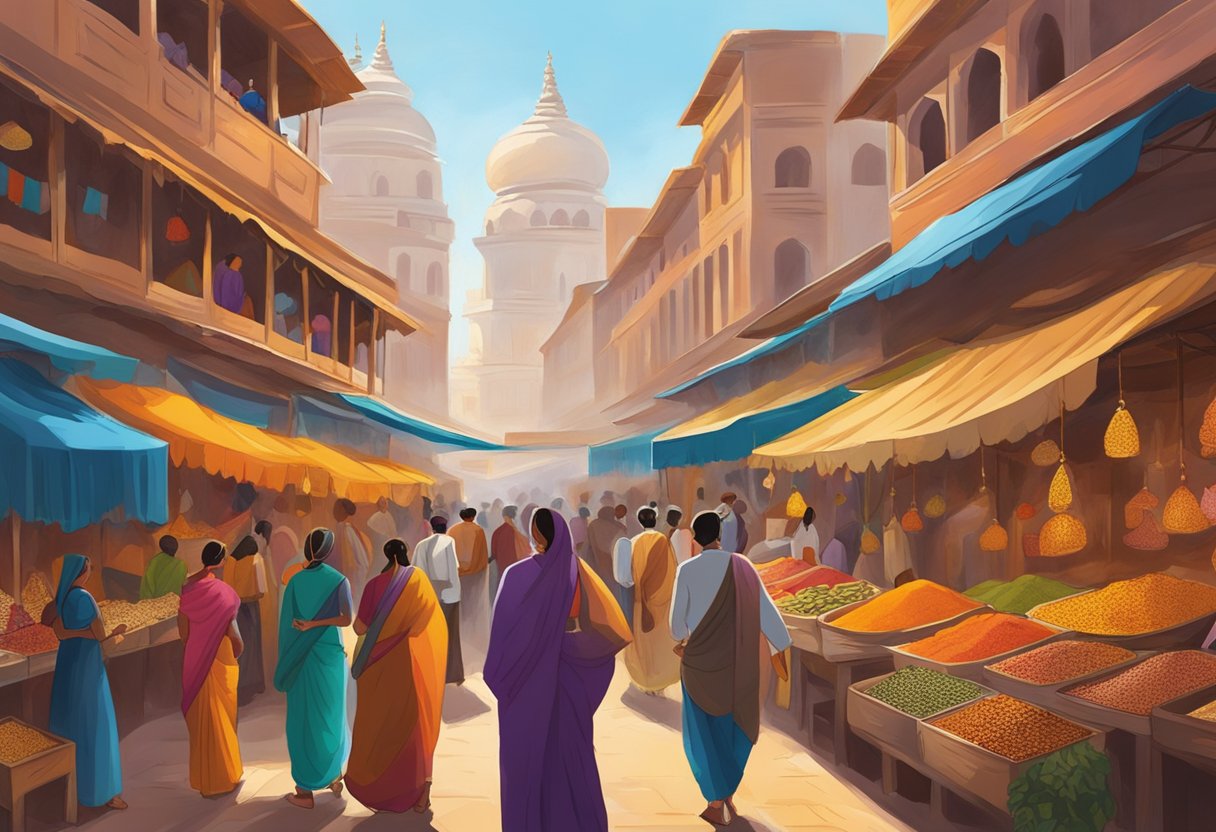 A bustling marketplace with vibrant colors and intricate patterns of traditional saris on display. The air is filled with the sound of bargaining and the scent of exotic spices