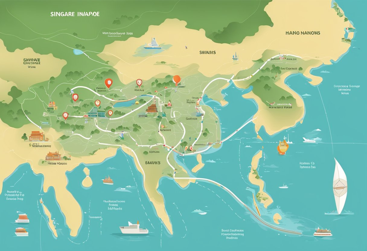 A map showing the route from Singapore to Hanoi with landmarks along the way