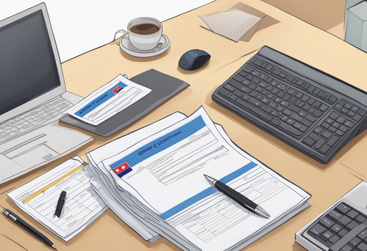 A desk with a stack of birth and death certificates, a pen, and a computer with a Singaporean flag sticker