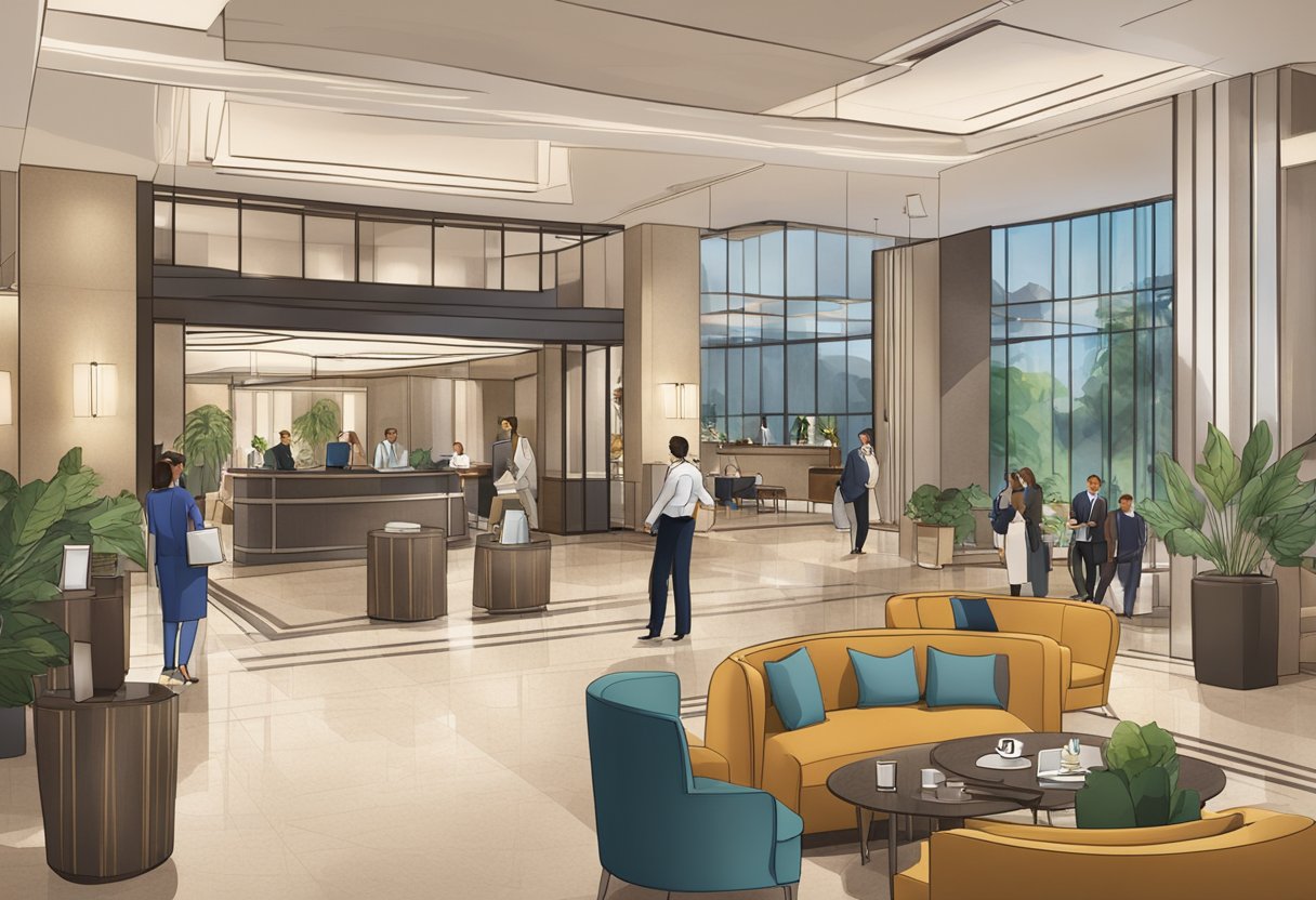 A bustling lobby with modern decor, guests checking in, and staff assisting. The hotel's logo prominently displayed