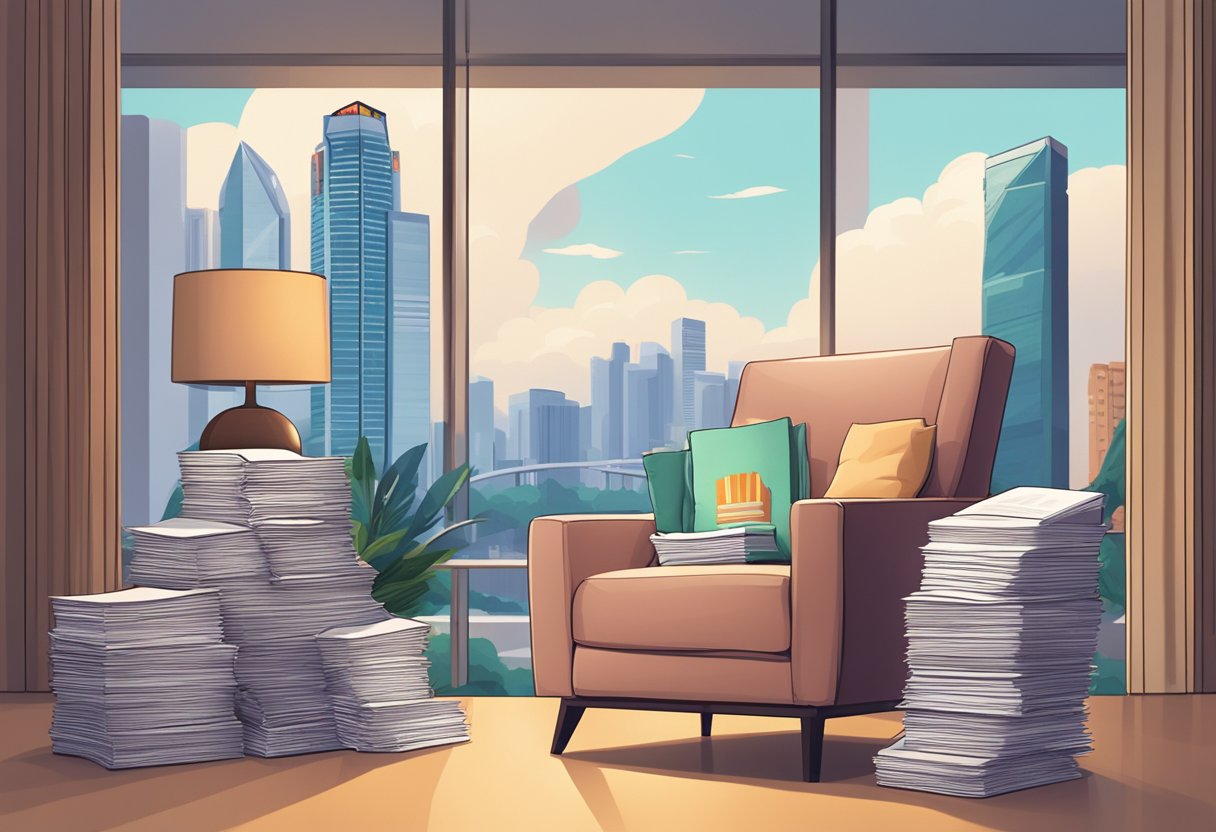 A cozy armchair surrounded by a stack of FAQ brochures, with the Singapore skyline in the background