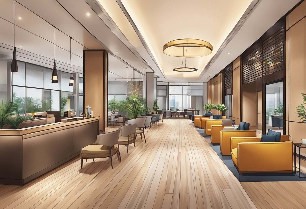 The bustling lobby of Hotel Jen Singapore, with modern decor and a warm color scheme, welcomes guests with a sleek reception area and comfortable seating