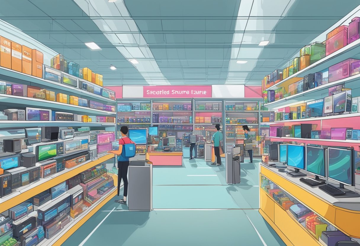 An electronic store in Singapore bustles with customers browsing shelves of gadgets and electronics. The store is brightly lit with colorful displays and features the latest technology products