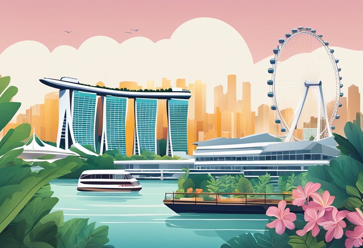 A bustling cityscape with the iconic Marina Bay Sands and the Singapore Flyer towering over the modern architecture and lush greenery of the Ramada Singapore
