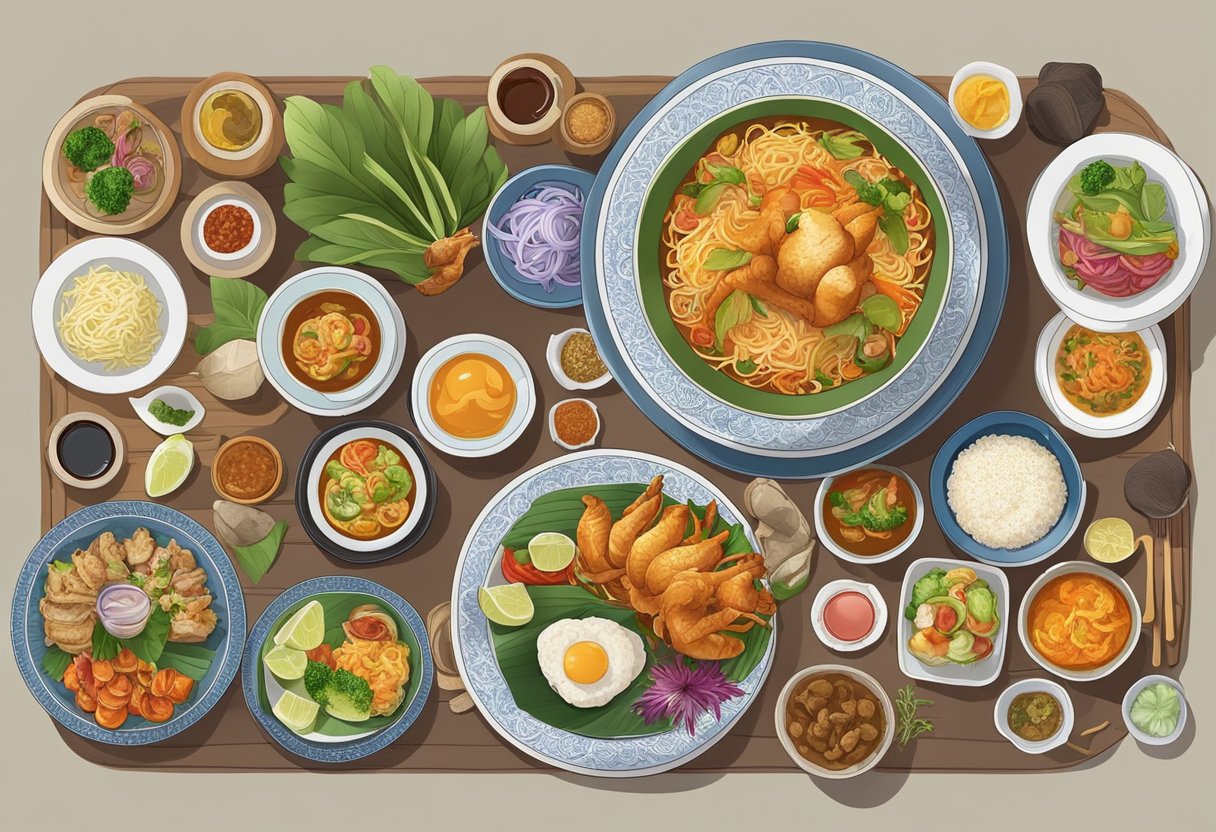 A table set with colorful dishes and traditional Singaporean cuisine at Sari Ratu restaurant