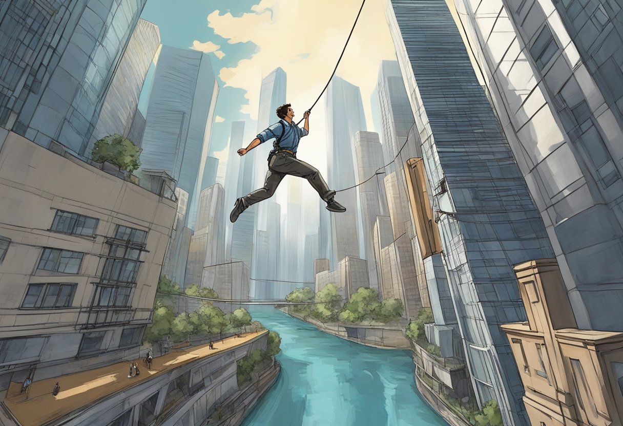 A figure leaps from a towering platform, surrounded by urban skyscrapers, with a river flowing underneath, as the bungee cord stretches taut