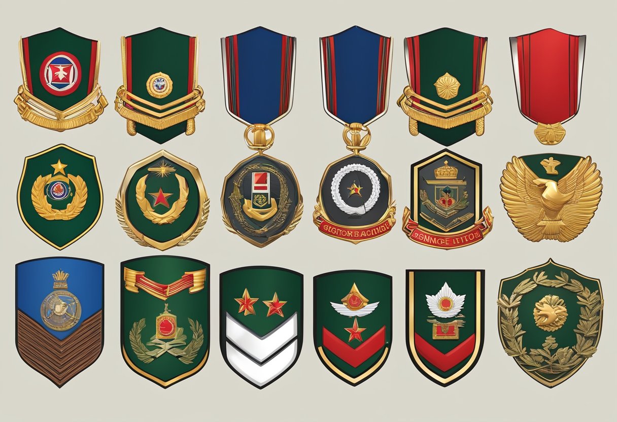 A row of Singapore army ranks displayed on a clean, polished surface, with distinct insignias and badges denoting different levels of authority