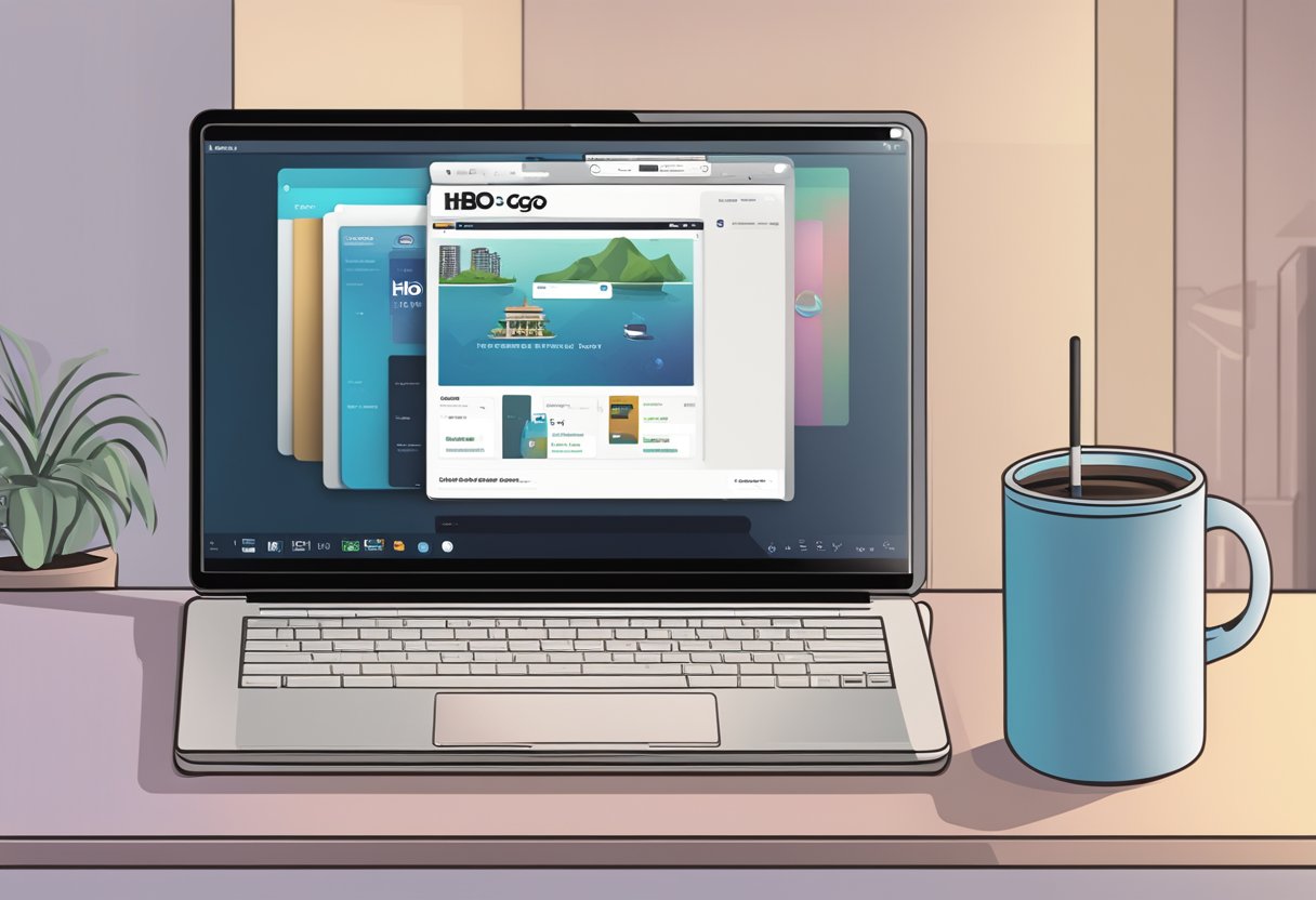 A laptop with the HBO Go website open, displaying the Singapore location and logo. A remote control sits nearby