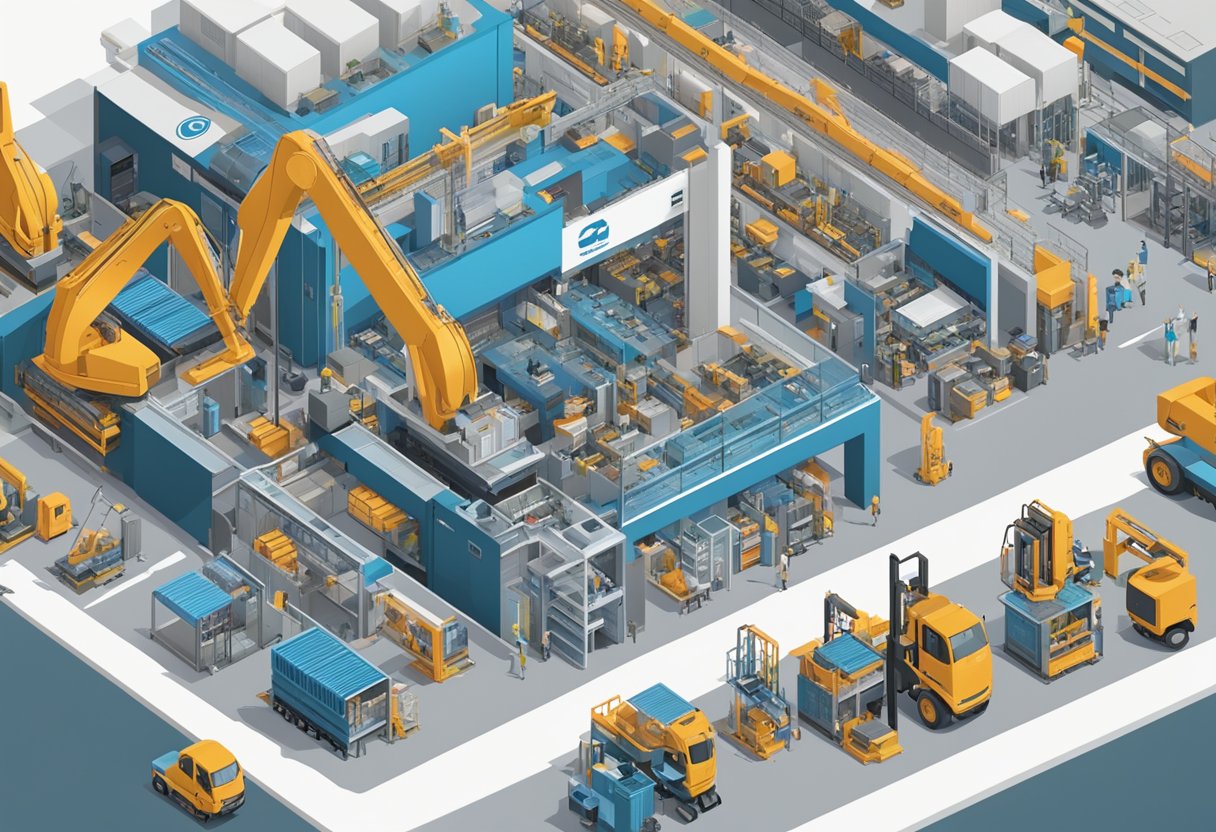 A bustling factory with modern machinery and a prominent Siltronic Singapore logo displayed in the forefront. Nearby, a busy marketplace with vendors showcasing the company's products