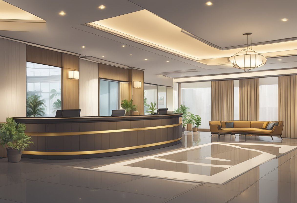 A modern hotel lobby with a reception desk, comfortable seating, and a sign displaying "Frequently Asked Questions" at Ramada Singapore