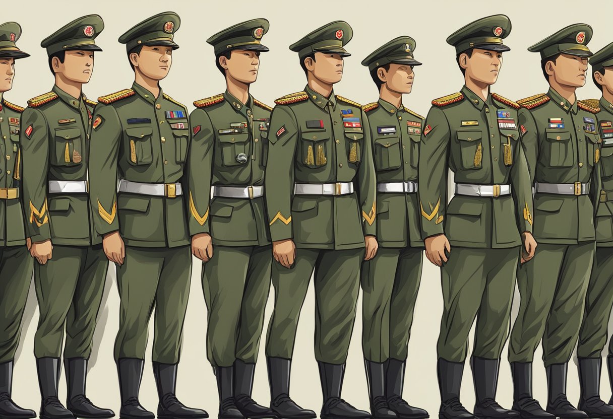 Soldiers in uniform stand in formation, displaying various insignias representing their rank in the Singapore Army