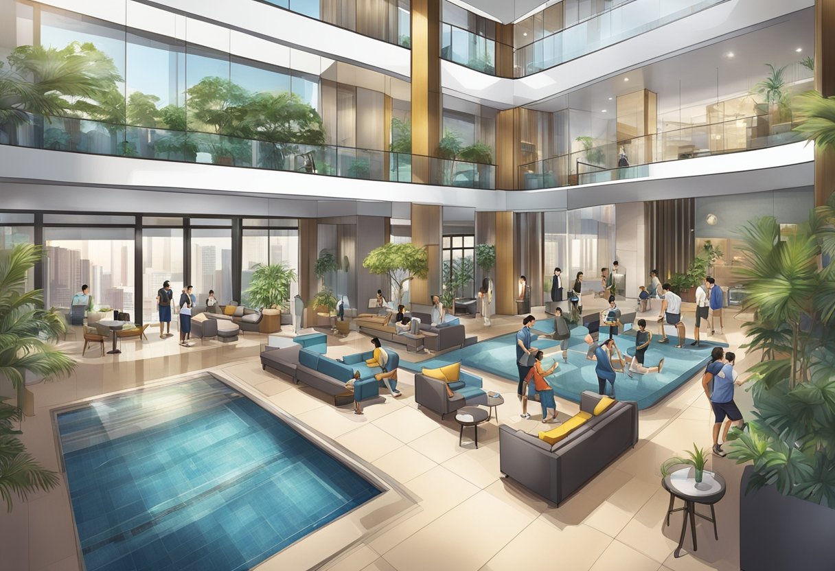 The hotel lobby at Hotel Jen Singapore is bustling with guests checking in, while the amenities showcase a modern gym and a luxurious swimming pool